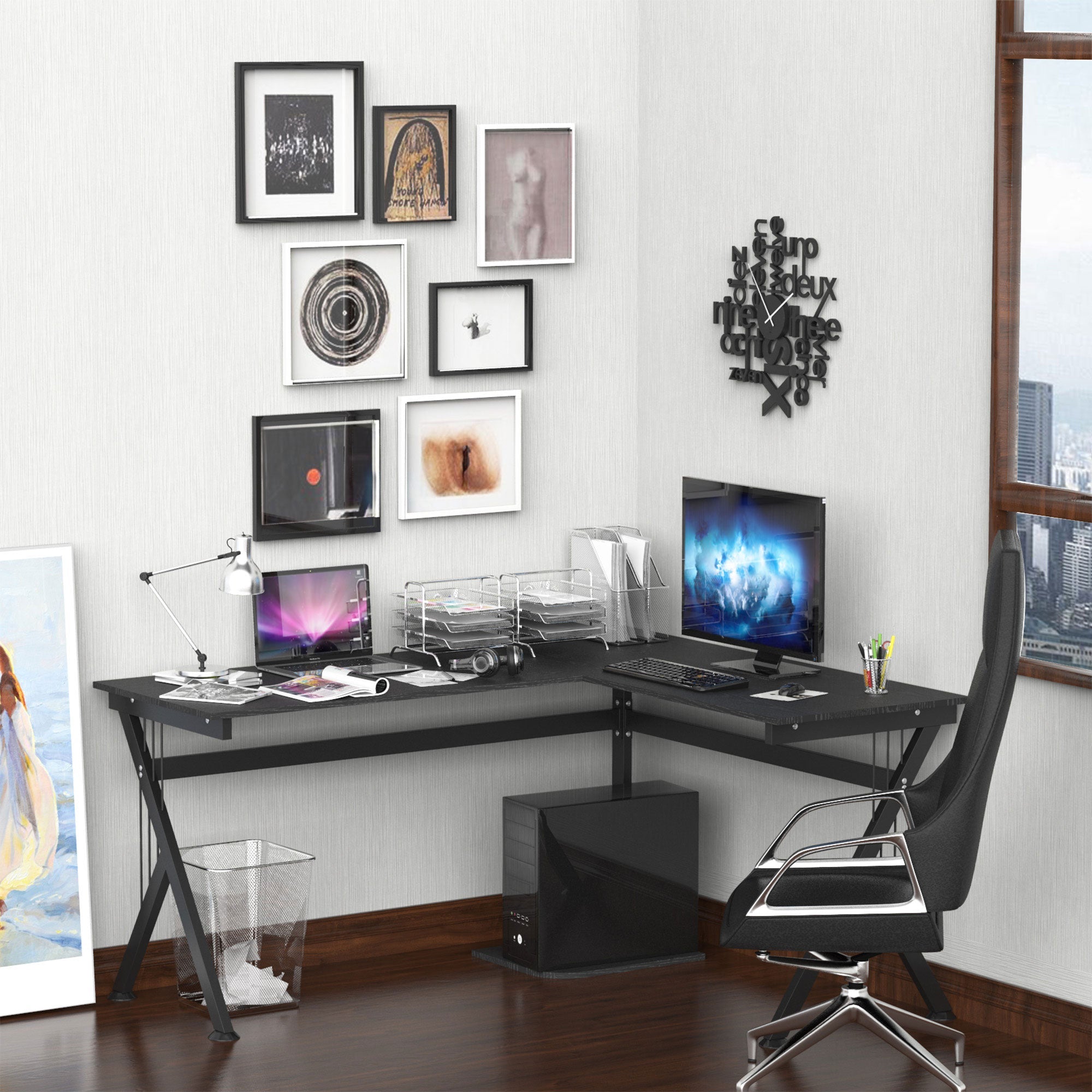 L-Shaped Corner Computer Desk Laptop Workstation PC Table Home Office With CPU Stand Black-1
