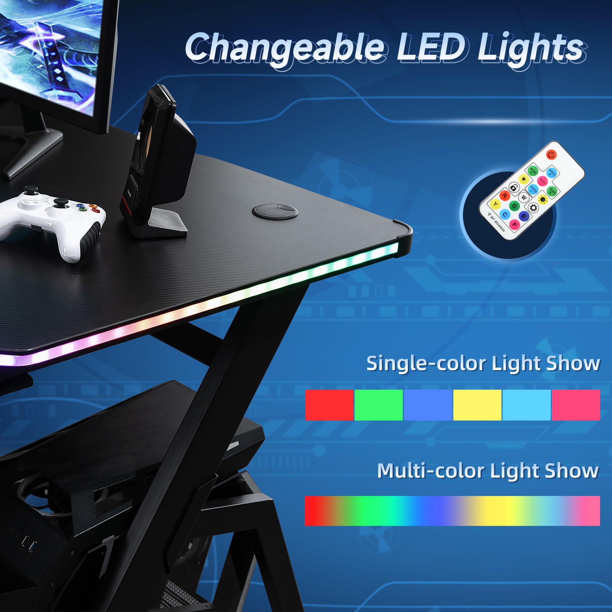 Gaming Desk Racing Style Home Office Ergonomic Computer Table Workstation with RGB LED Lights in Black | HOMCOM-2