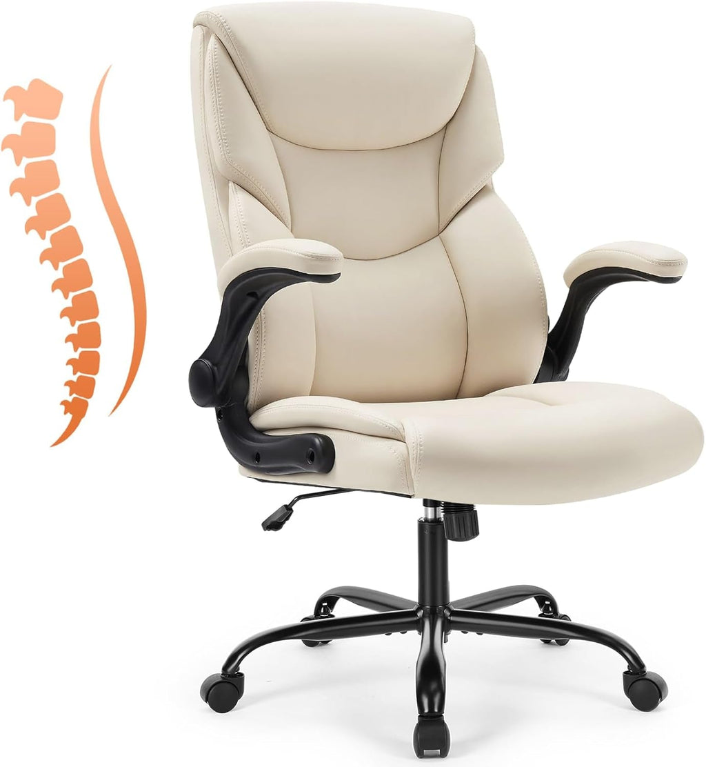Computer Gaming Chair, Ergonomic Office Chair High Back Heavy Duty Task Desk Chair with Flip-Up Arms, PU Leather, Adjustable Swivel Rolling Chair with Wheels, Cream-0