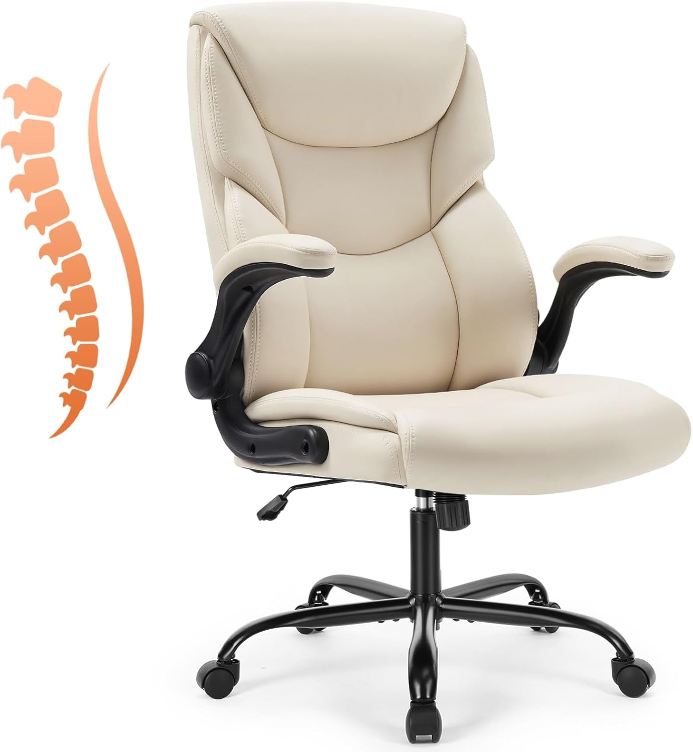 Computer Gaming Chair, Ergonomic Office Chair High Back Heavy Duty Task Desk Chair with Flip-Up Arms, PU Leather, Adjustable Swivel Rolling Chair with Wheels, Cream
