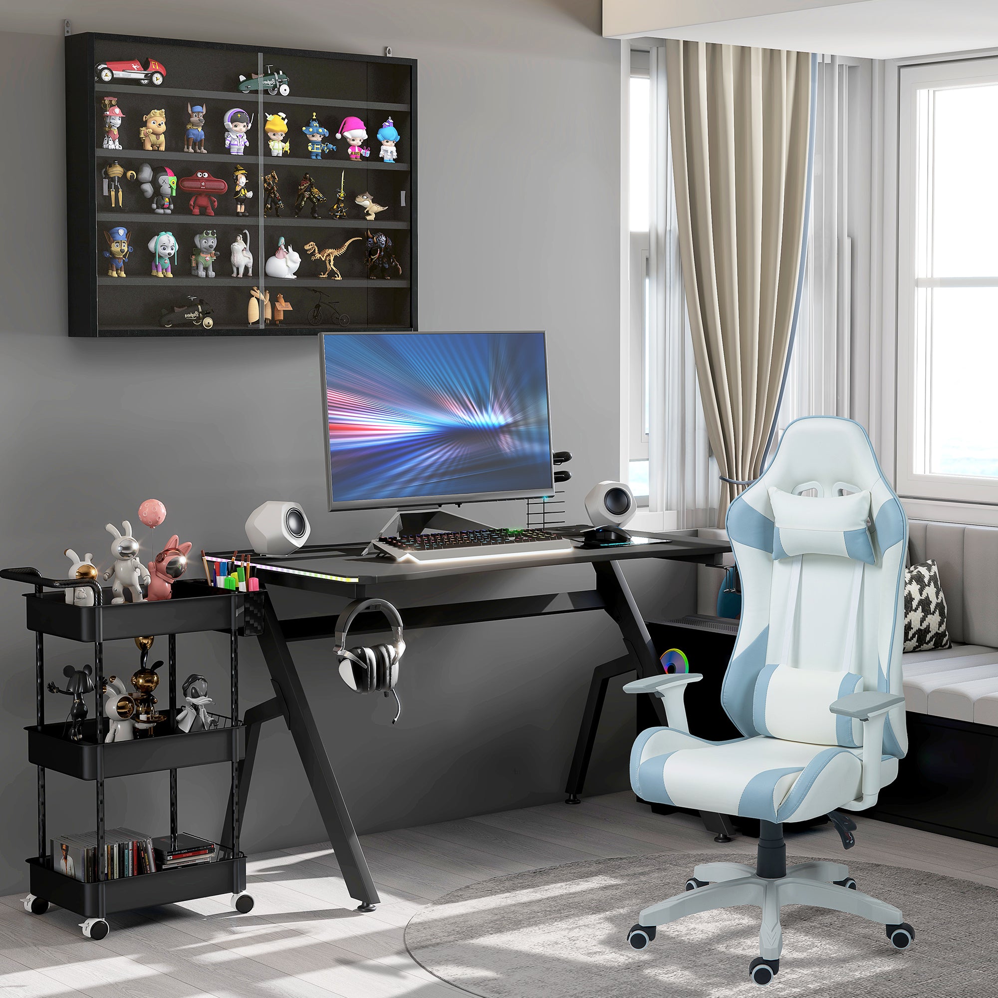 Gaming Desk Racing Style Home Office Ergonomic Computer Table Workstation with RGB LED Lights in Black | HOMCOM-7